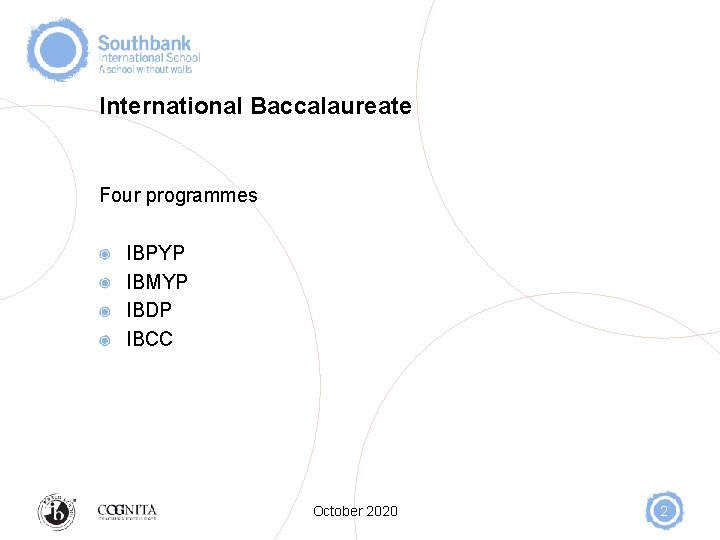 International Baccalaureate Four programmes IBPYP IBMYP IBDP IBCC October 2020 2 