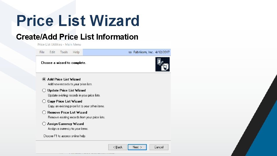 Price List Wizard Create/Add Price List Information 