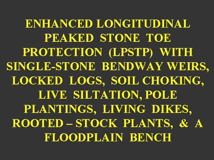 ENHANCED LONGITUDINAL PEAKED STONE TOE PROTECTION (LPSTP) WITH SINGLE-STONE BENDWAY WEIRS, LOCKED LOGS, SOIL