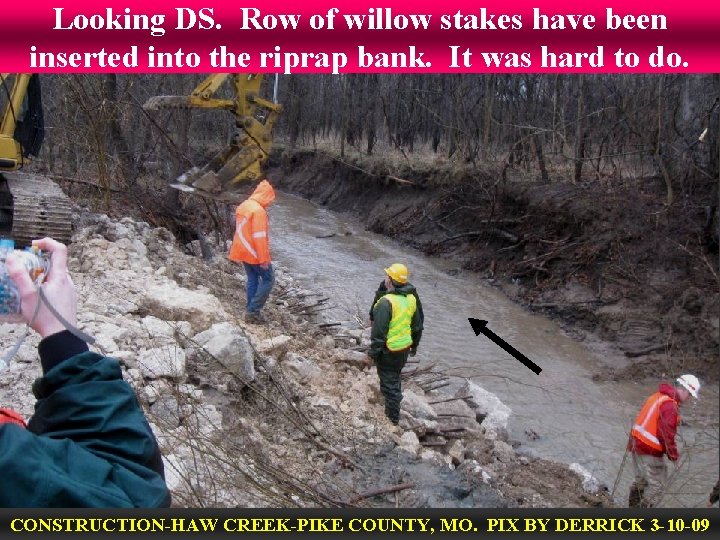 Looking DS. Row of willow stakes have been inserted into the riprap bank. It