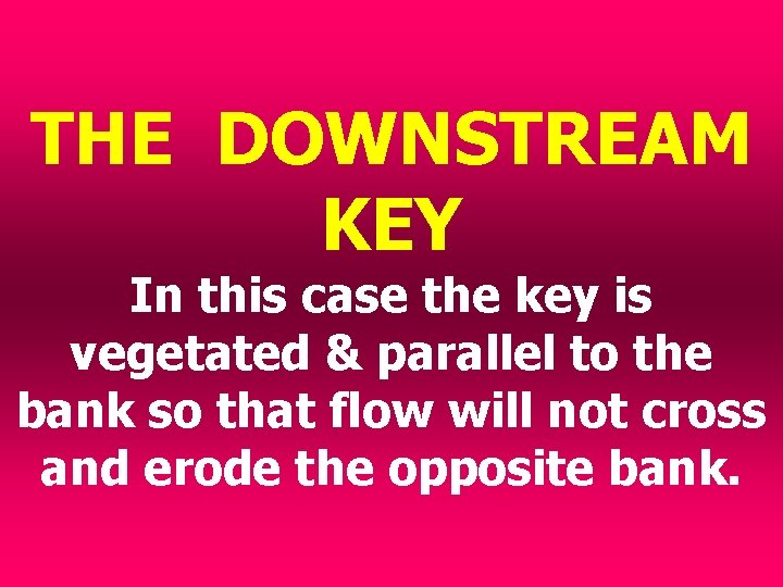 THE DOWNSTREAM KEY In this case the key is vegetated & parallel to the