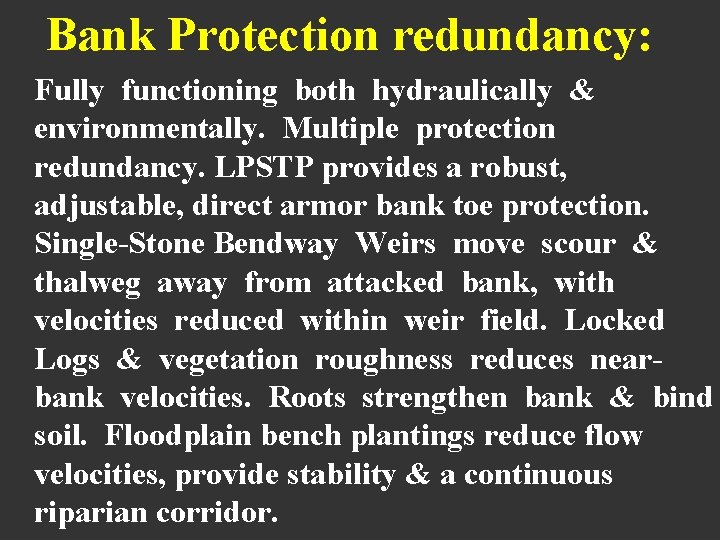 Bank Protection redundancy: Fully functioning both hydraulically & environmentally. Multiple protection redundancy. LPSTP provides