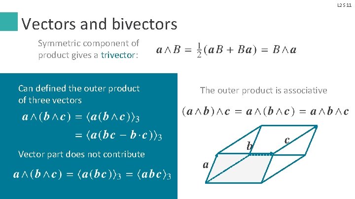 L 2 S 11 Vectors and bivectors Symmetric component of product gives a trivector: