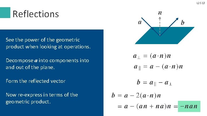 L 2 S 13 Reflections See the power of the geometric product when looking