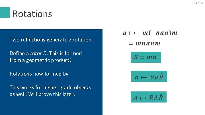 L 2 S 14 Rotations Two reflections generate a rotation. Define a rotor R.