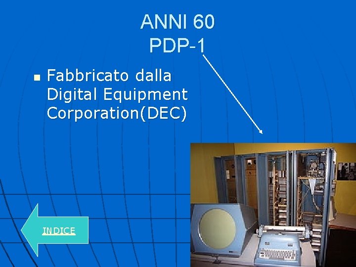 ANNI 60 PDP-1 n Fabbricato dalla Digital Equipment Corporation(DEC) INDICE 