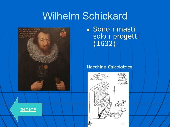 Wilhelm Schickard n Sono rimasti solo i progetti (1632). Macchina Calcolatrice INDICE 