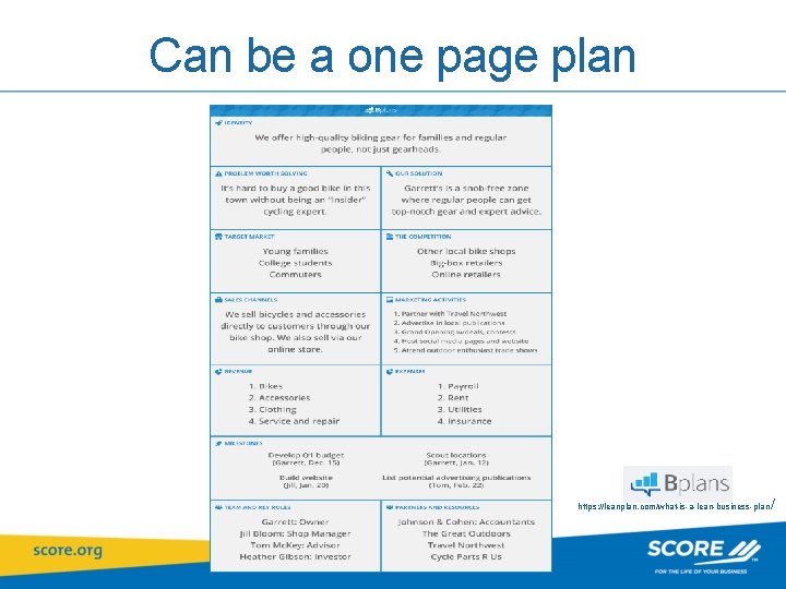 Can be a one page plan https: //leanplan. com/what-is-a-lean-business-plan / 