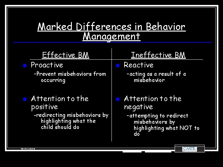 Marked Differences in Behavior Management n Effective BM Proactive n -Prevent misbehaviors from -acting