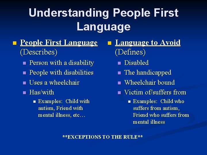 Understanding People First Language n People First Language (Describes) n n Person with a