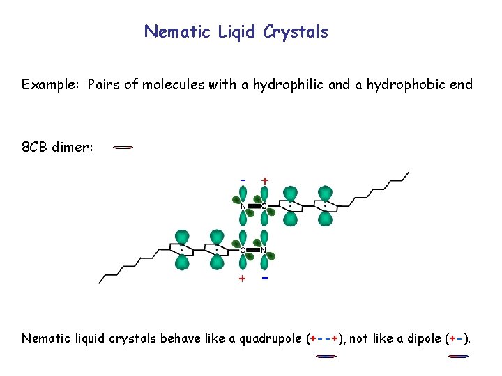 Nematic Liqid Crystals Example: Pairs of molecules with a hydrophilic and a hydrophobic end