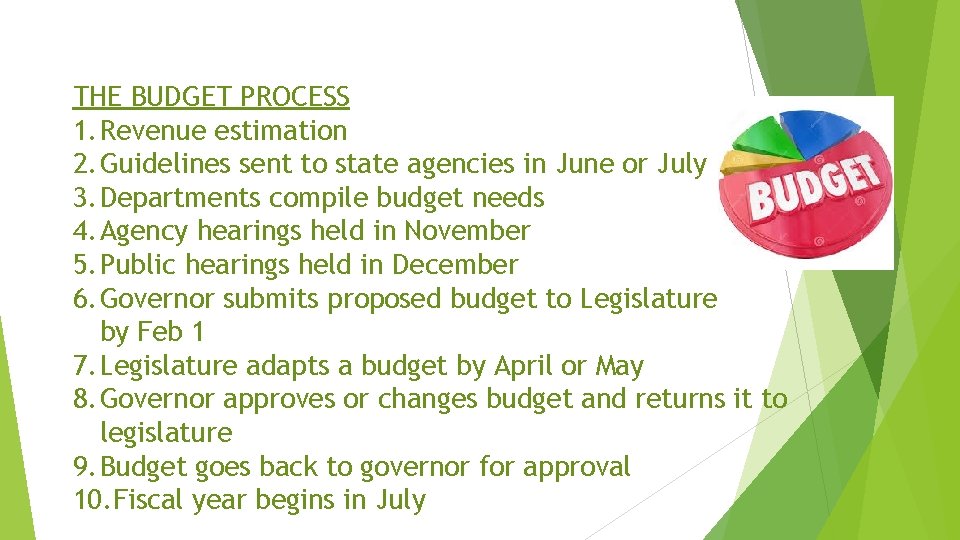THE BUDGET PROCESS 1. Revenue estimation 2. Guidelines sent to state agencies in June