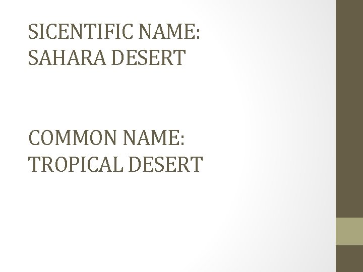 SICENTIFIC NAME: SAHARA DESERT COMMON NAME: TROPICAL DESERT 