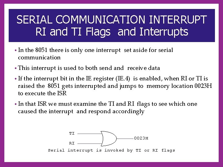 SERIAL COMMUNICATION INTERRUPT RI and TI Flags and Interrupts • In the 8051 there