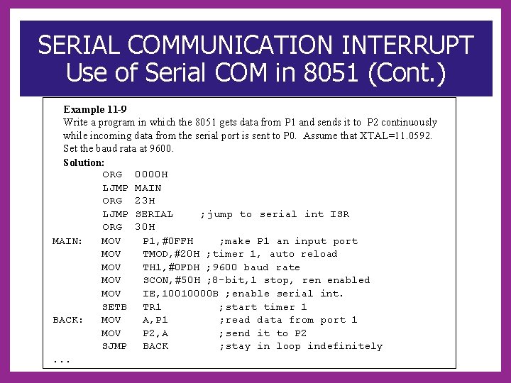 SERIAL COMMUNICATION INTERRUPT Use of Serial COM in 8051 (Cont. ) Example 11 -9