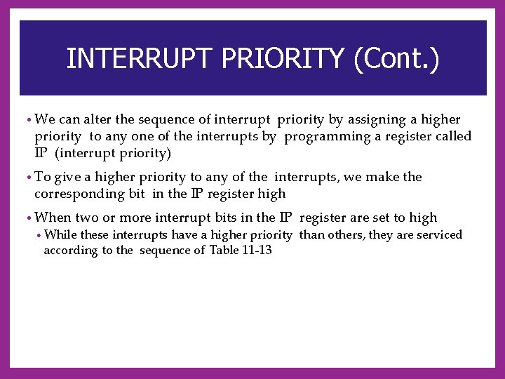 INTERRUPT PRIORITY (Cont. ) • We can alter the sequence of interrupt priority by