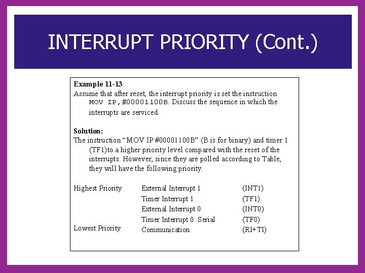 INTERRUPT PRIORITY (Cont. ) Example 11 -13 Assume that after reset, the interrupt priority