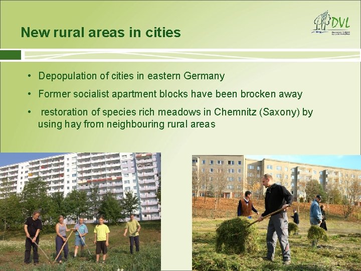 New rural areas in cities • Depopulation of cities in eastern Germany • Former