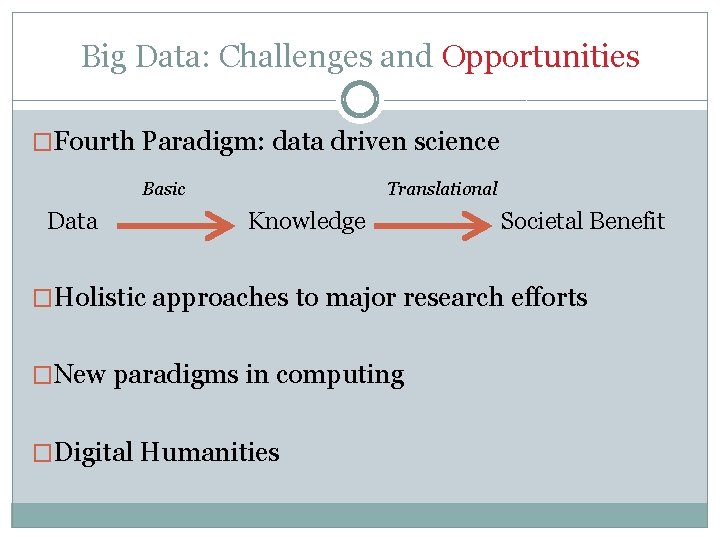 Big Data: Challenges and Opportunities �Fourth Paradigm: data driven science Basic Data Translational Knowledge