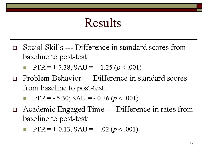 Results o Social Skills --- Difference in standard scores from baseline to post-test: n