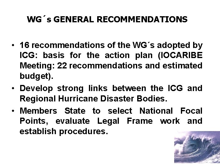 WG´s GENERAL RECOMMENDATIONS • 16 recommendations of the WG´s adopted by ICG: basis for