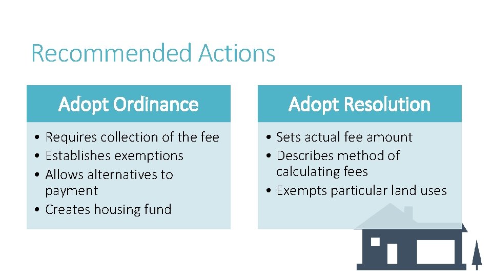 Recommended Actions Adopt Ordinance Adopt Resolution • Requires collection of the fee • Establishes