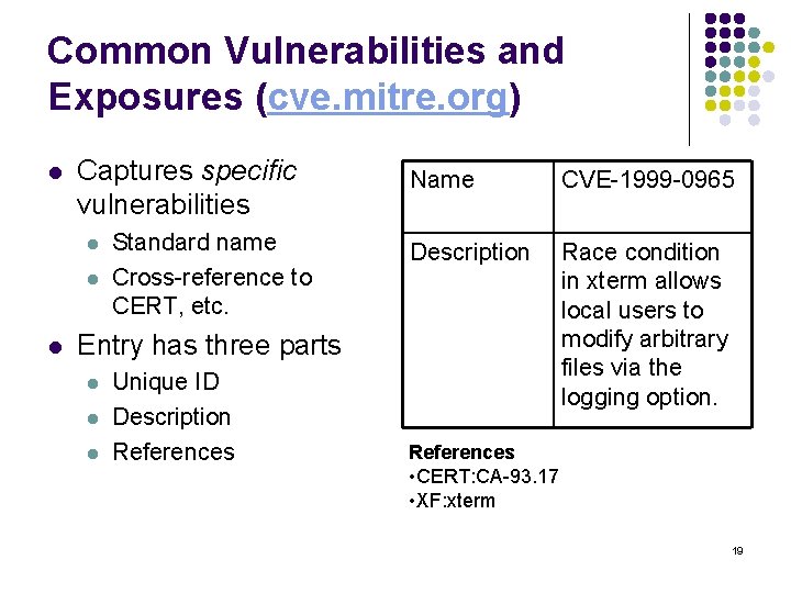 Common Vulnerabilities and Exposures (cve. mitre. org) l Captures specific vulnerabilities l l l