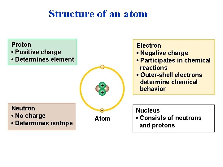Structure of an atom Proton • Positive charge • Determines element Electron • Negative