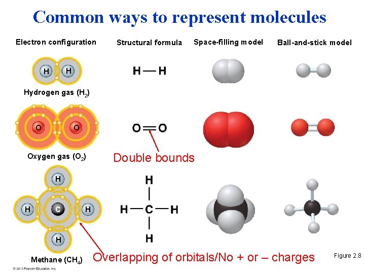 Common ways to represent molecules Electron configuration Structural formula Space-filling model Ball-and-stick model H