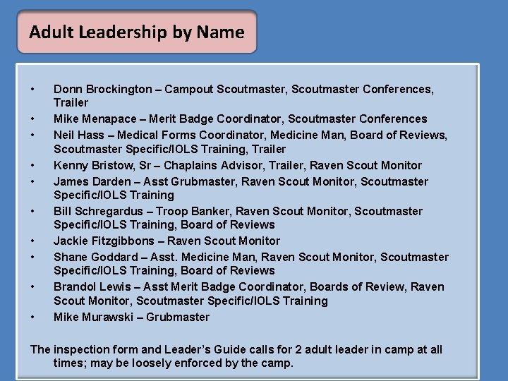 Adult Leadership by Name • • • Donn Brockington – Campout Scoutmaster, Scoutmaster Conferences,