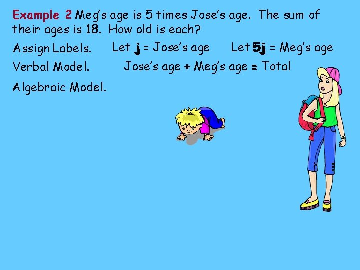 Example 2 Meg’s age is 5 times Jose’s age. The sum of 18 How