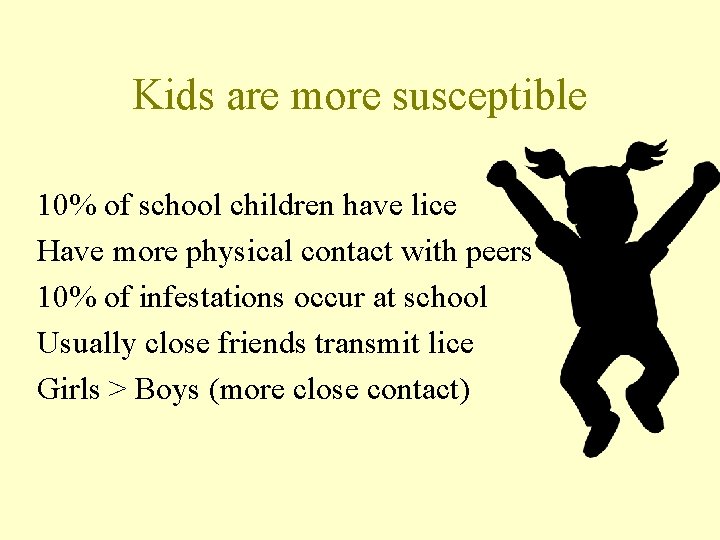 Kids are more susceptible 10% of school children have lice Have more physical contact