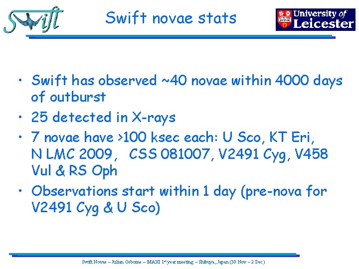 Swift novae stats • Swift has observed ~40 novae within 4000 days of outburst