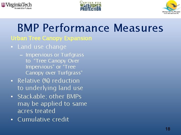 BMP Performance Measures Urban Tree Canopy Expansion • Land use change – Impervious or