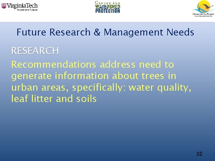 Future Research & Management Needs RESEARCH Recommendations address need to generate information about trees