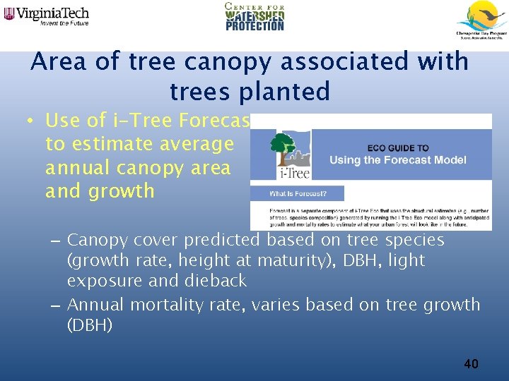 Area of tree canopy associated with trees planted • Use of i-Tree Forecast to