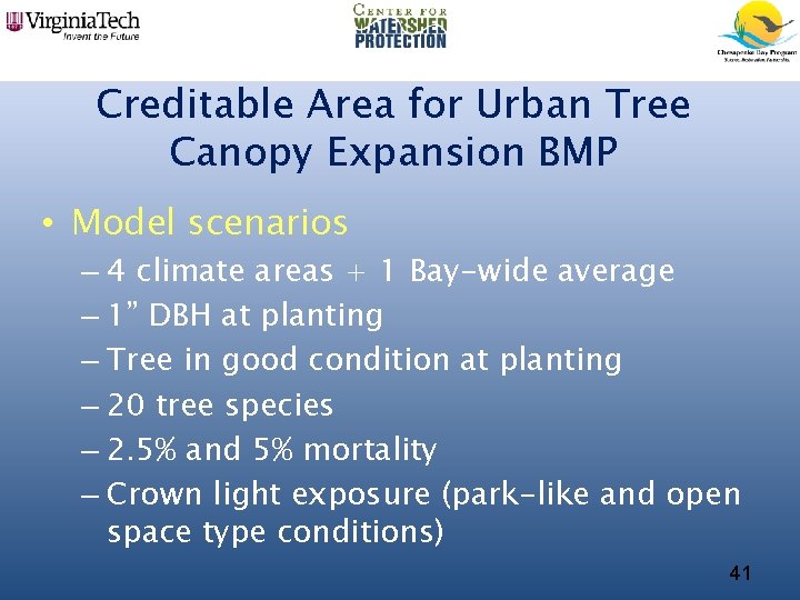 Creditable Area for Urban Tree Canopy Expansion BMP • Model scenarios – 4 climate