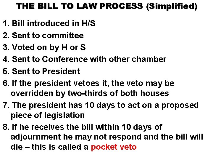 THE BILL TO LAW PROCESS (Simplified) 1. Bill introduced in H/S 2. Sent to