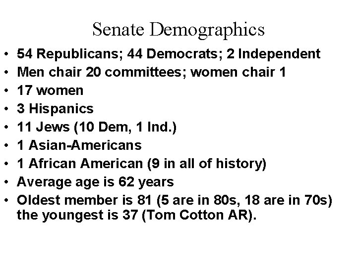 Senate Demographics • • • 54 Republicans; 44 Democrats; 2 Independent Men chair 20