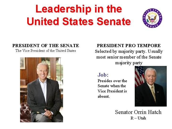 Leadership in the United States Senate PRESIDENT OF THE SENATE The Vice President of