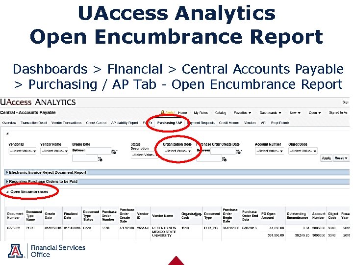UAccess Analytics Open Encumbrance Report Dashboards > Financial > Central Accounts Payable > Purchasing