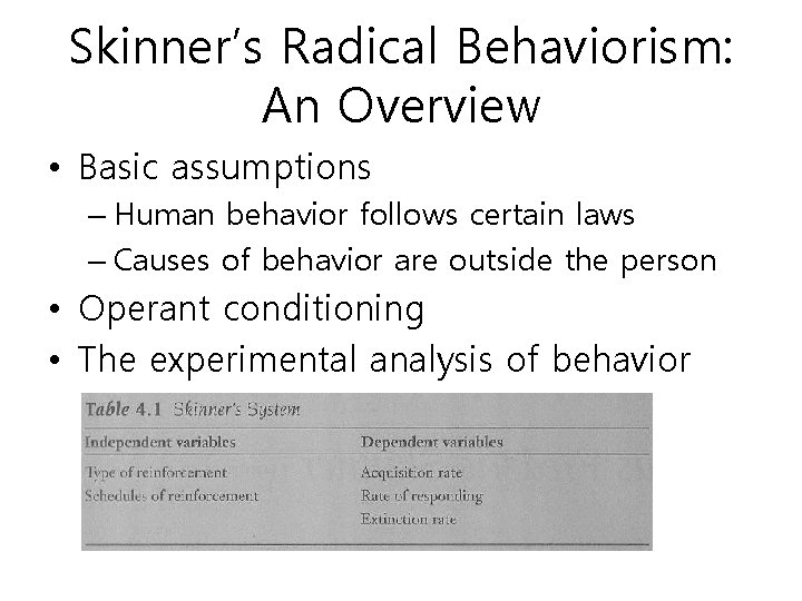 Skinner’s Radical Behaviorism: An Overview • Basic assumptions – Human behavior follows certain laws