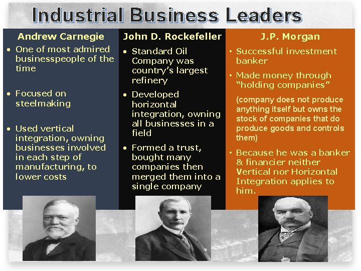 Industrial Business Leaders Andrew Carnegie John D. Rockefeller • One of most admired businesspeople
