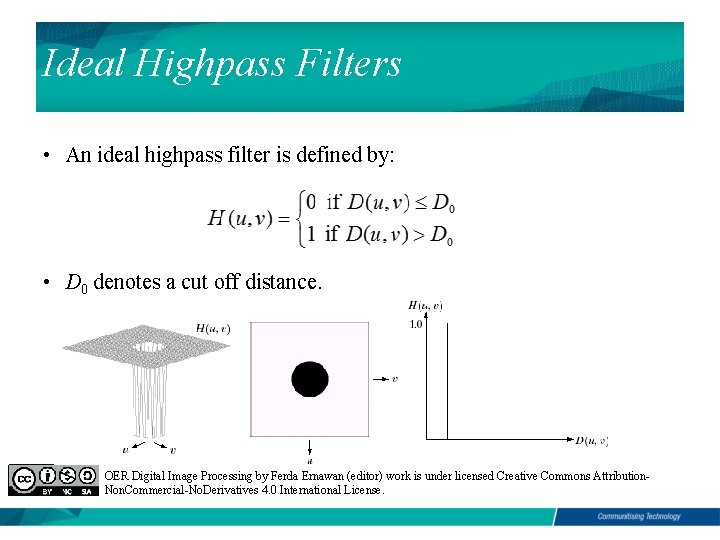 Ideal Highpass Filters • An ideal highpass filter is defined by: • D 0