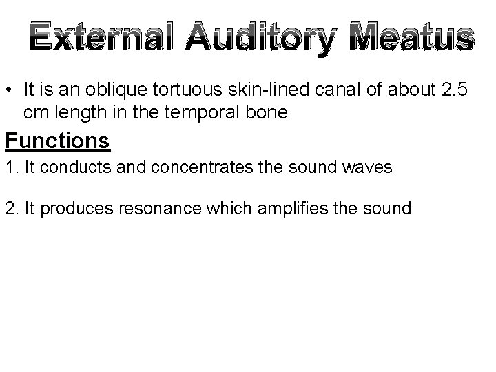 External Auditory Meatus • It is an oblique tortuous skin-lined canal of about 2.