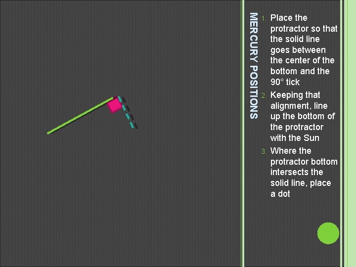 MERCURY POSITIONS 1. 2. 3. Place the protractor so that the solid line goes