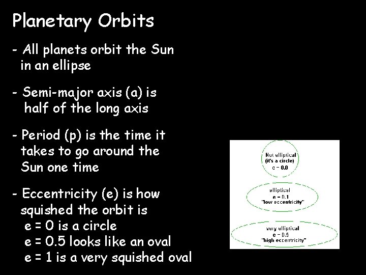 Planetary Orbits - All planets orbit the Sun in an ellipse - Semi-major axis