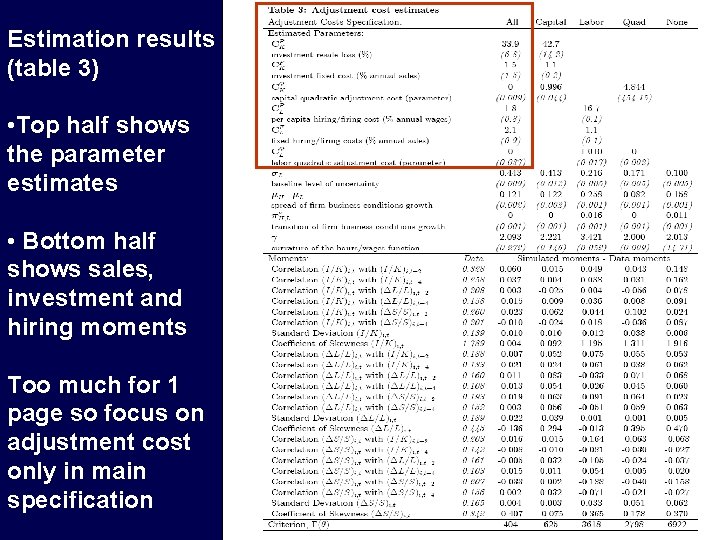 Estimation results (table 3) • Top half shows the parameter estimates • Bottom half