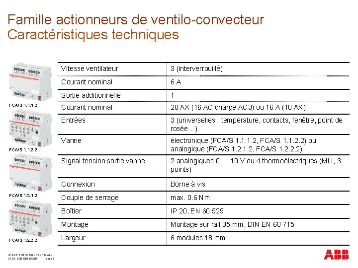 Famille actionneurs de ventilo-convecteur Caractéristiques techniques FCA/S 1. 1. 1. 2 Vitesse ventilateur 3