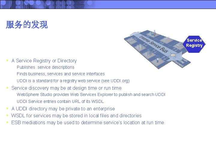 服务的发现 Service Registry § A Service Registry or Directory Publishes service descriptions Finds business,